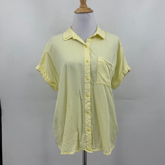 Ecothreads Shirt Women M Medium Yellow Button Up Pocket Short Sleeves Dropcut - Picture 2 of 13